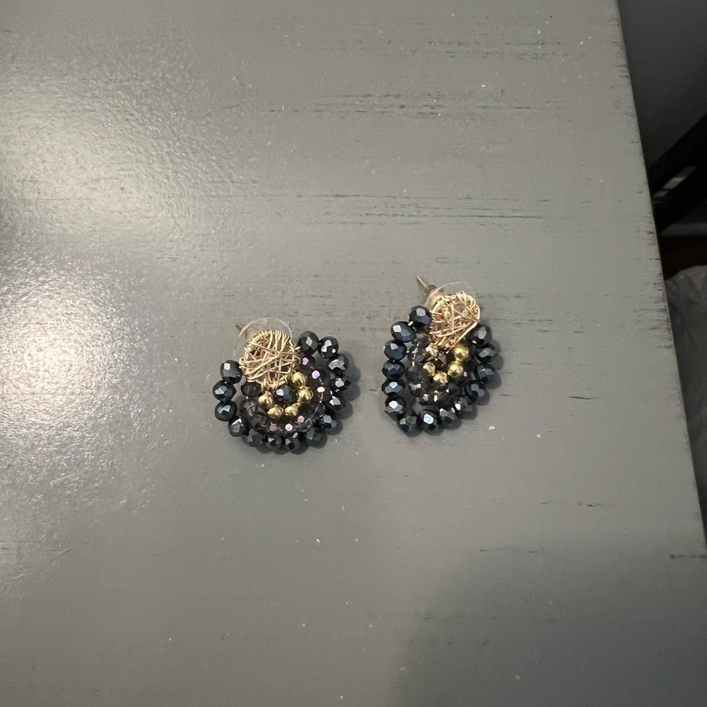 Gold Blue Purple Beaded Stud Earrings Boho Statement Colorful Jewelry - Picture 5 of 8